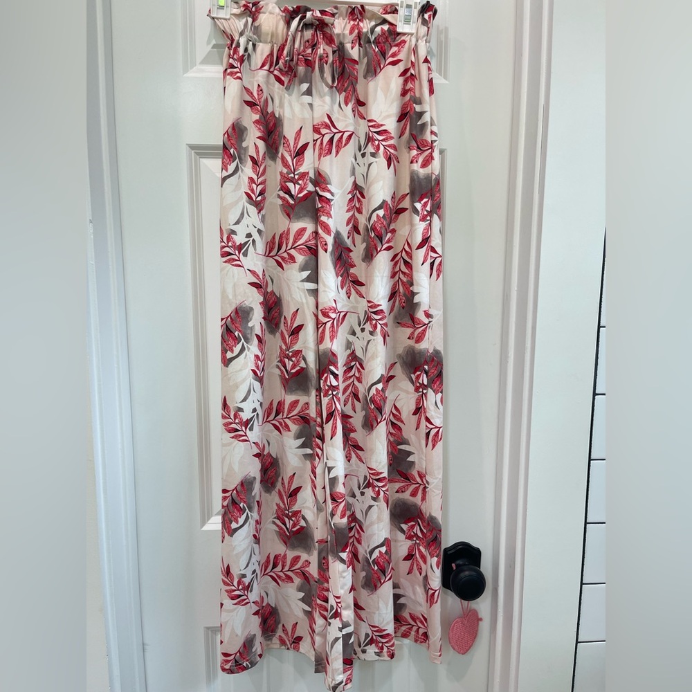 Floral Wide Leg Pants - Red and White